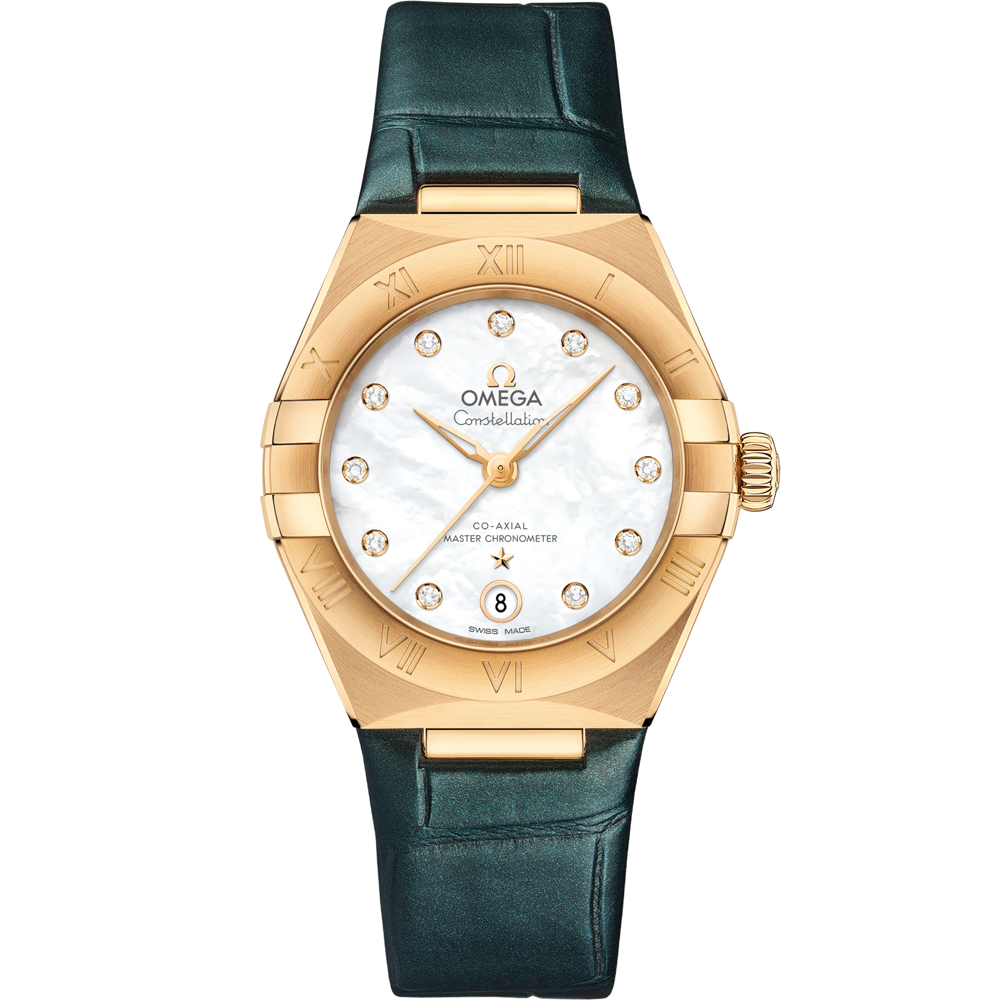 Omega Constellation 131.53.29.20.55.001 29 mm Yellow Gold Mother-of-Pearl Dial Green Alligator Strap Diamond Watch for Women