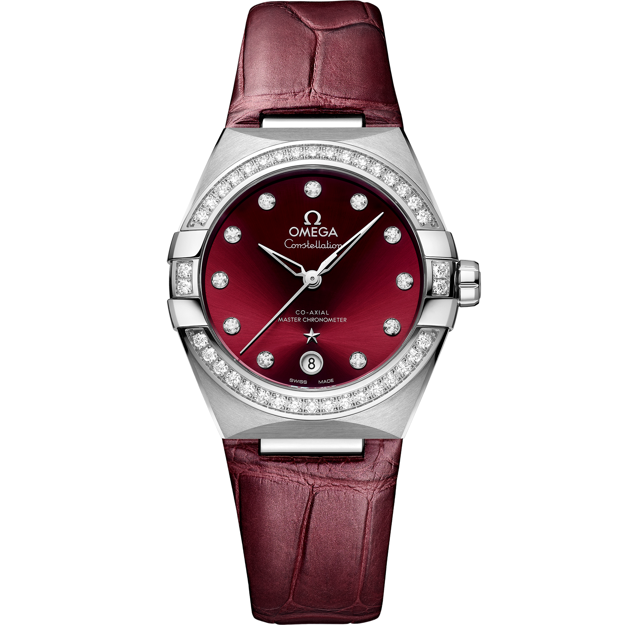Omega Constellation 131.18.36.20.61.001 36 mm Steel Red Dial Burgundy Alligator Strap Diamond Watch for Women