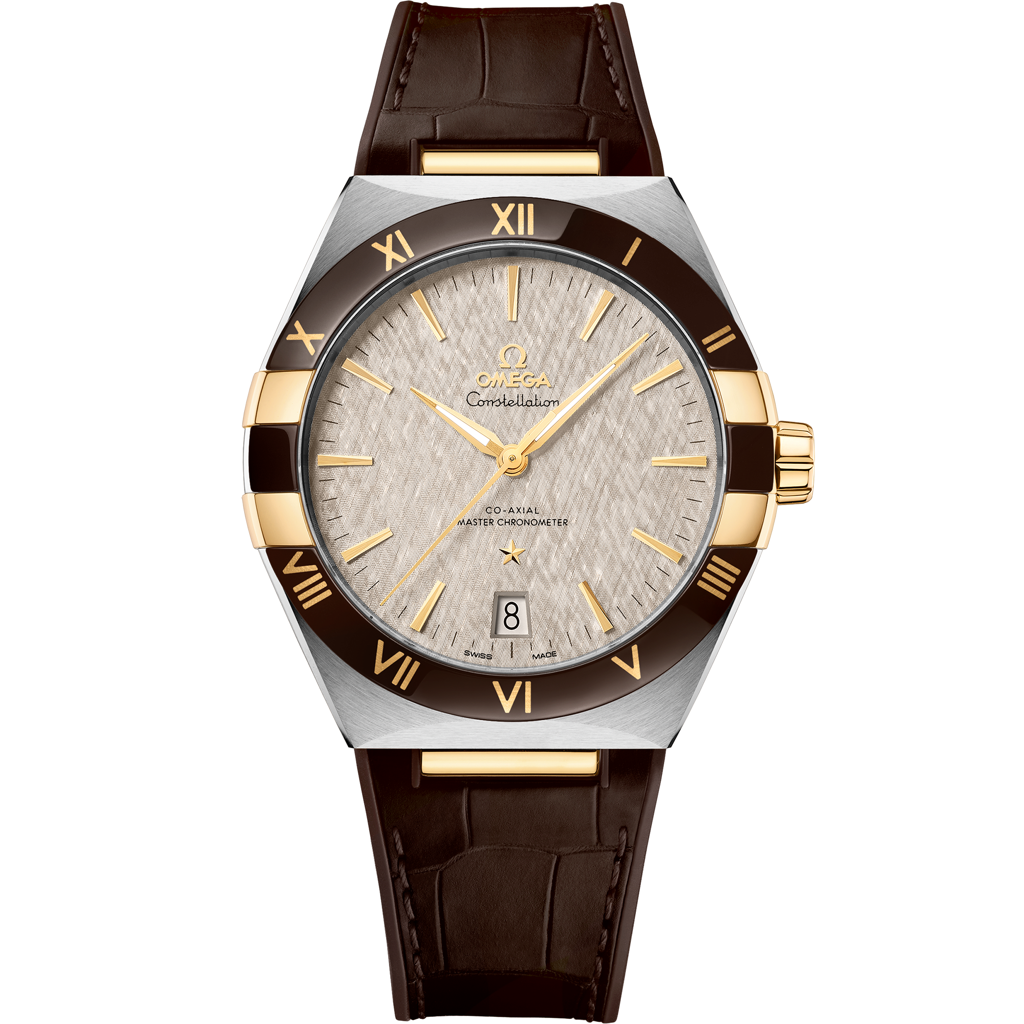 Omega Constellation 131.23.41.21.06.002 41 mm Steel & Yellow Gold Grey Dial Brown Alligator Strap Watch for Men