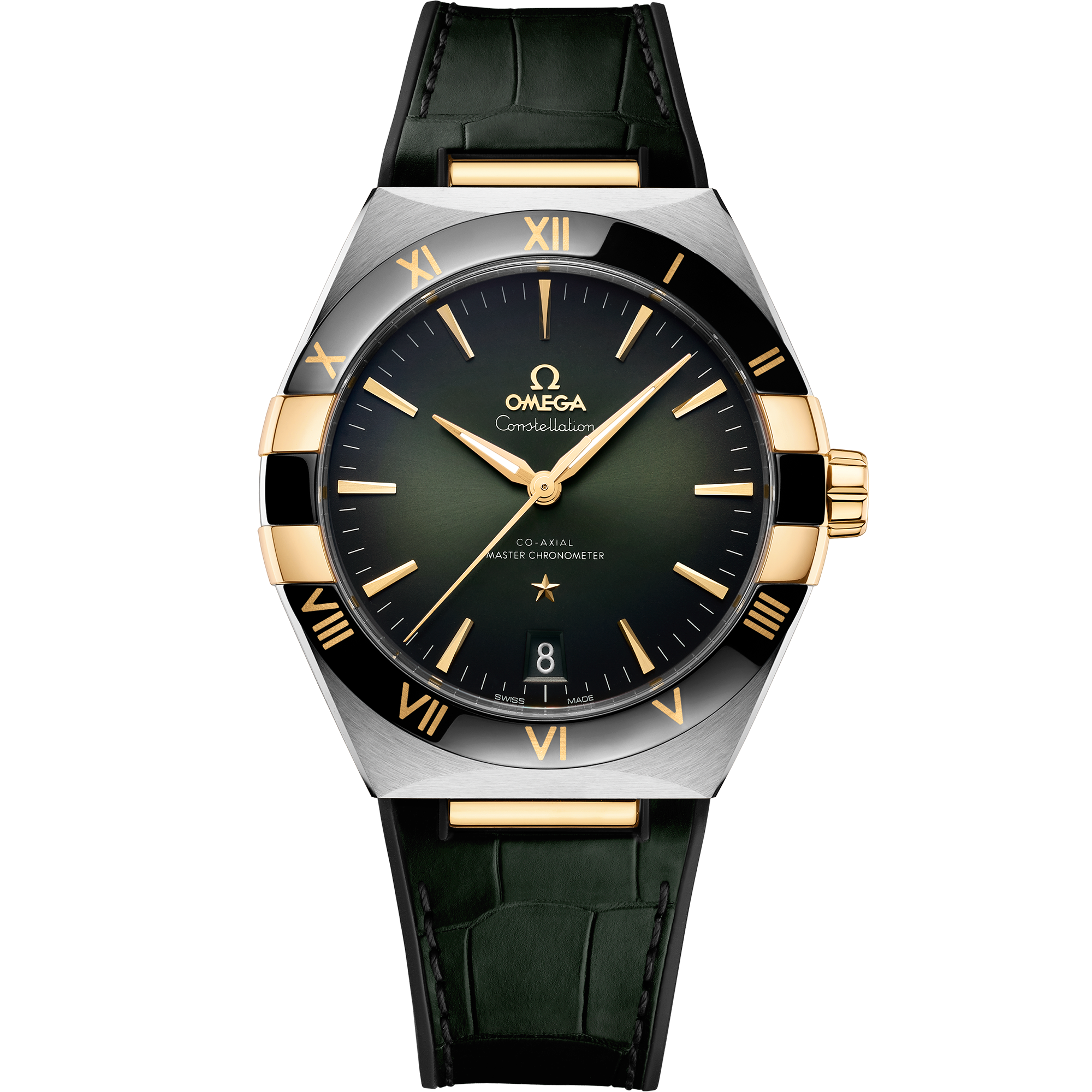 Omega Constellation 131.23.41.21.10.001 41 mm Steel & Yellow Gold Green Dial Green Alligator Strap Watch for Men