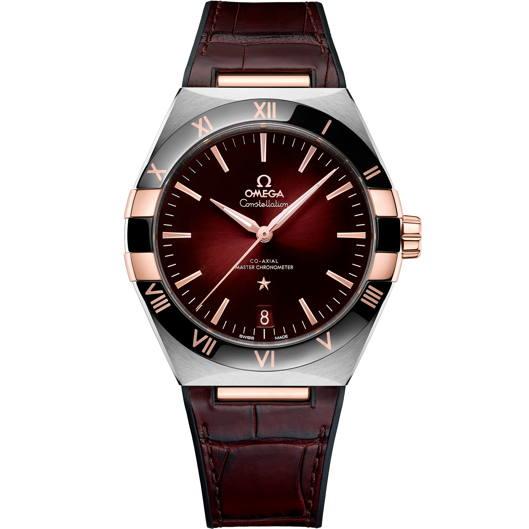Omega Constellation 131.23.41.21.11.001 41 mm Steel & Sedna™ Gold Red Dial Burgundy Alligator Strap Watch for Men