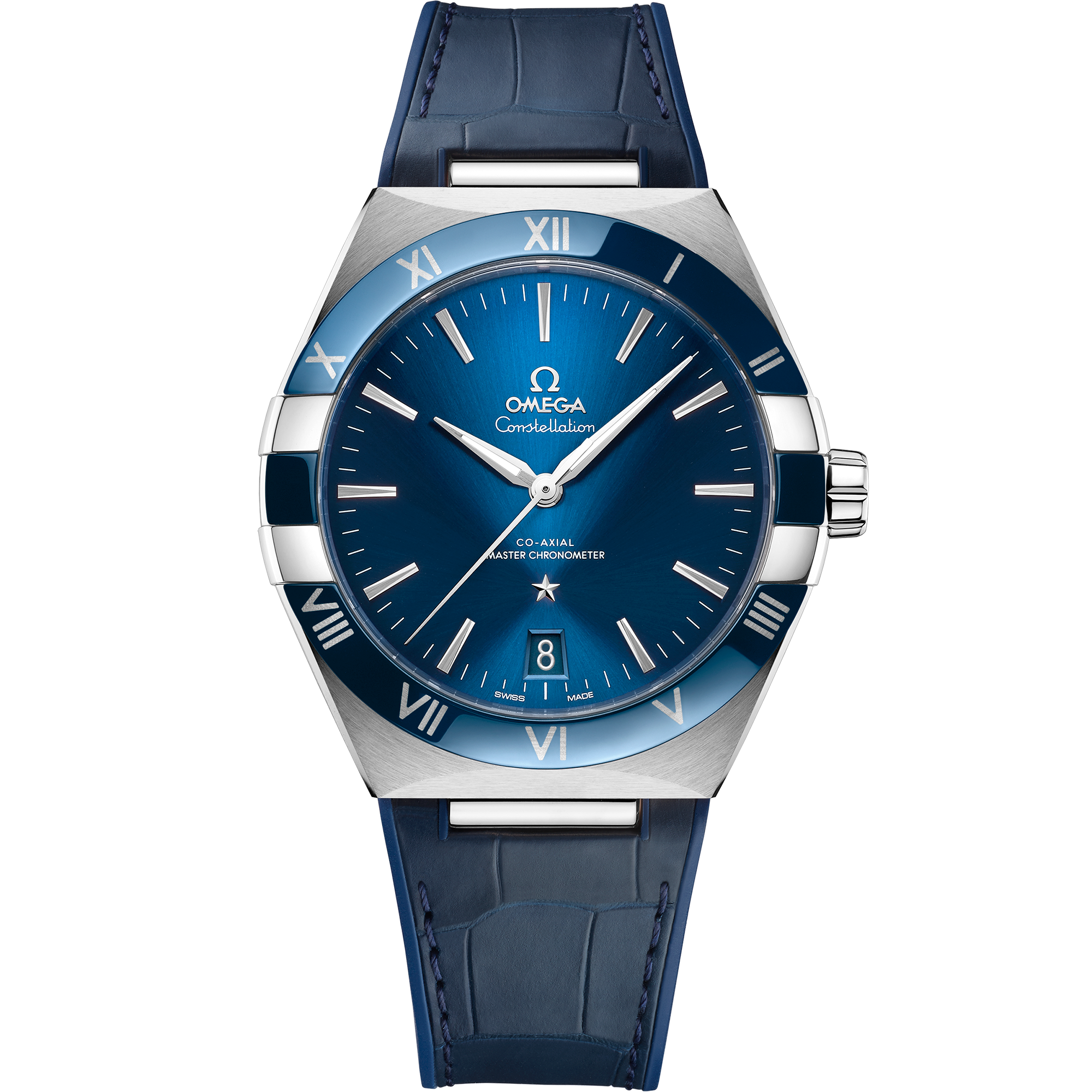 Omega Constellation 131.33.41.21.03.001 41 mm Steel Blue Dial Blue Alligator Strap Watch for Men