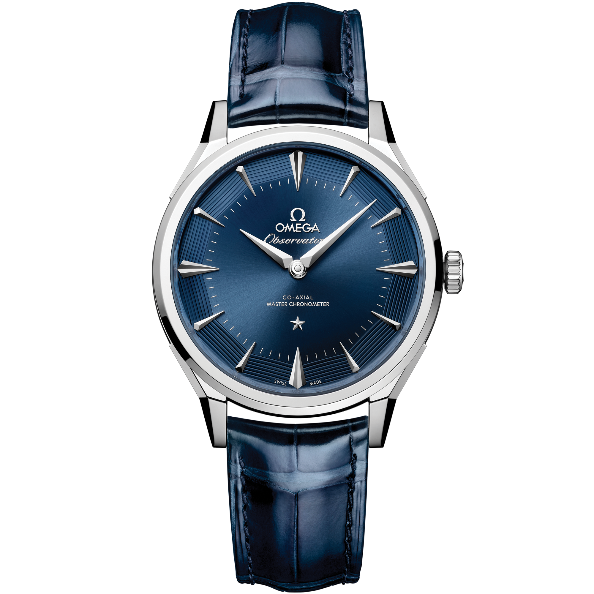 Omega Constellation Observatory 140.13.39.21.03.001 39.4 mm O-MEGASTEEL Blue Dial Blue Alligator Strap Watch
