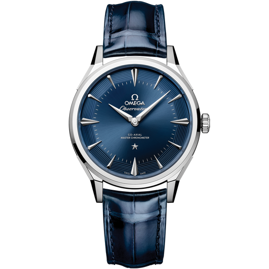 OMEGA Constellation Observatory 140.13.39.21.03.001, 39.4 mm o-megasteel with blue dial – front view
