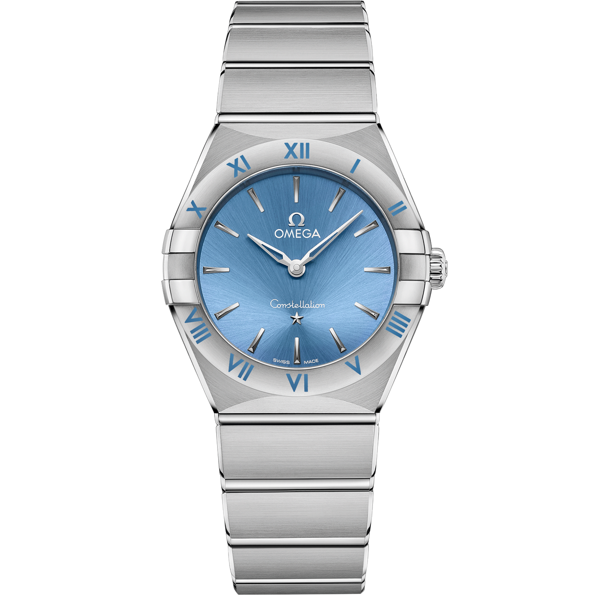 OMEGA Constellation Quartz 131.10.28.60.03.001, 28 mm steel with blue dial – front view
