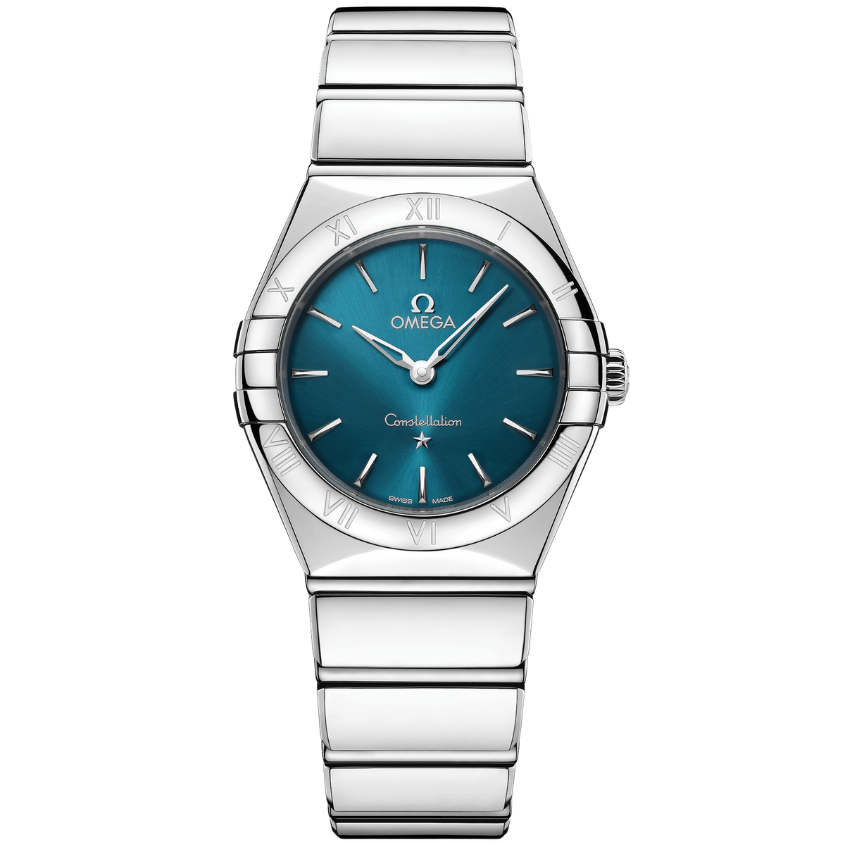 OMEGA Constellation Quartz 131.10.28.60.03.002, 28 mm steel with peacock blue dial – front view