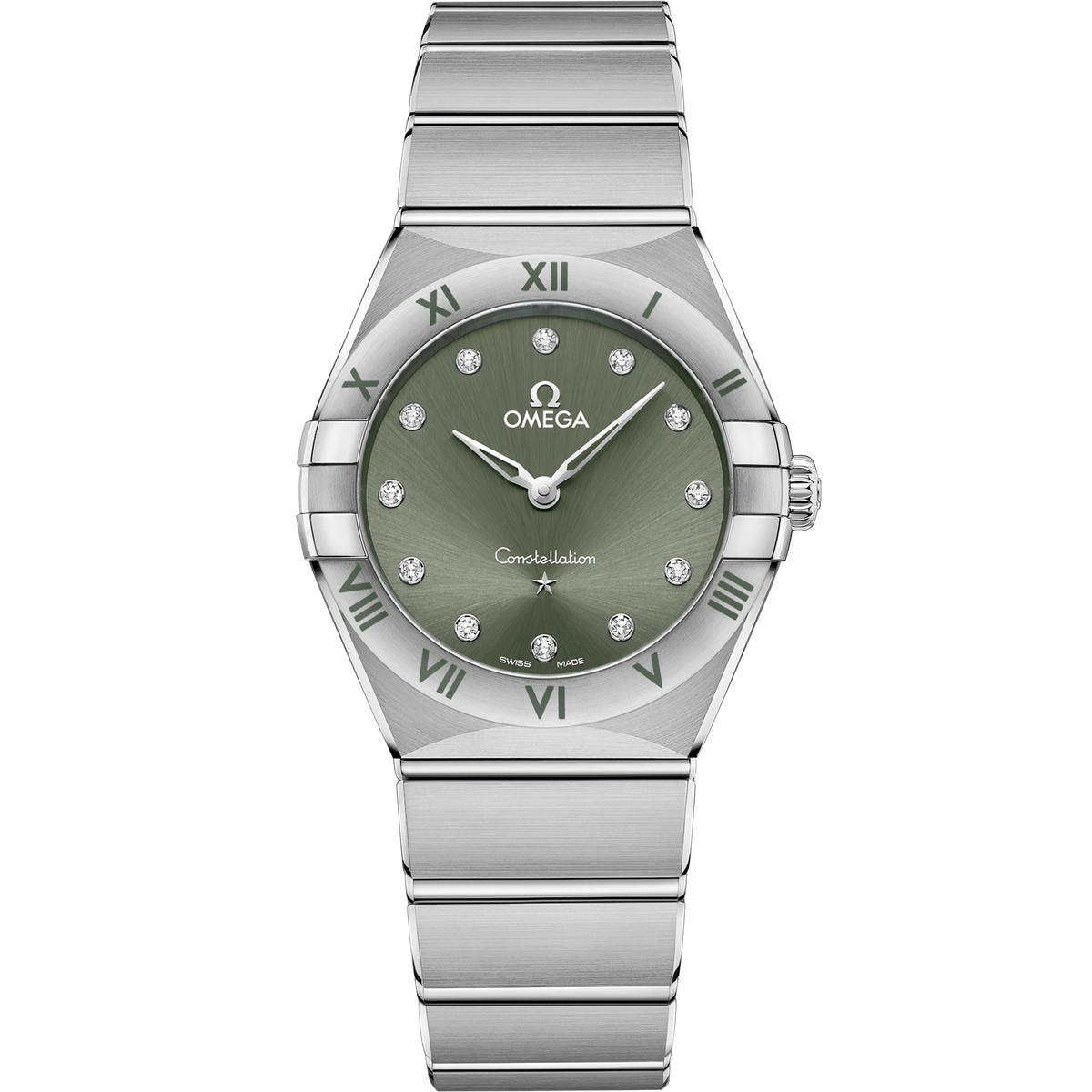 OMEGA Constellation Quartz 131.10.28.60.60.001, 28 mm steel with green dial – front view