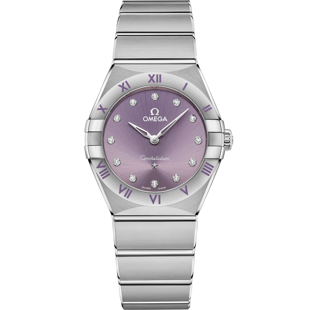 OMEGA Constellation Quartz 131.10.28.60.60.002, 28 mm steel with purple dial – front view