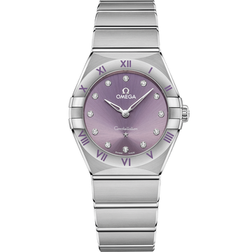 OMEGA Constellation Quartz 131.10.28.60.60.002, 28 mm steel with purple dial – front view