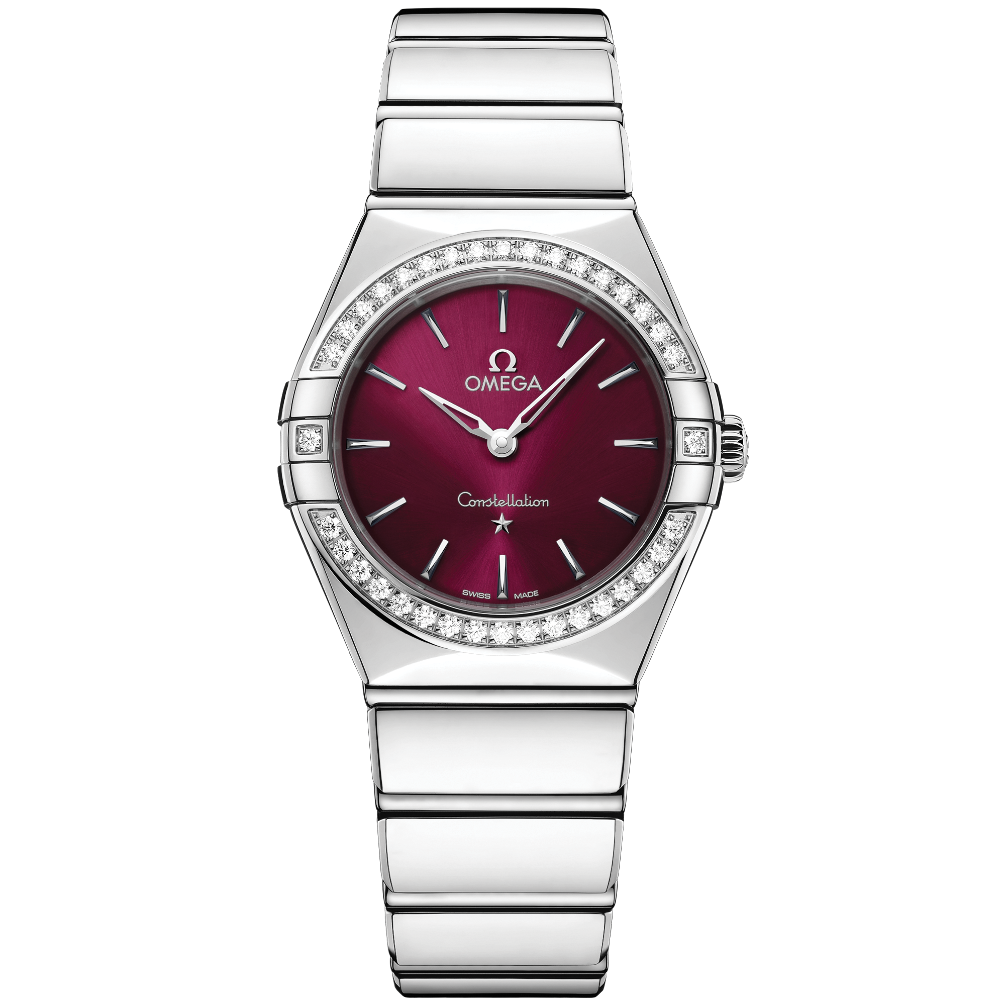 Omega Constellation Quartz 131.15.28.60.11.001 28 mm Steel Burgundy Dial Diamond Watch for Women