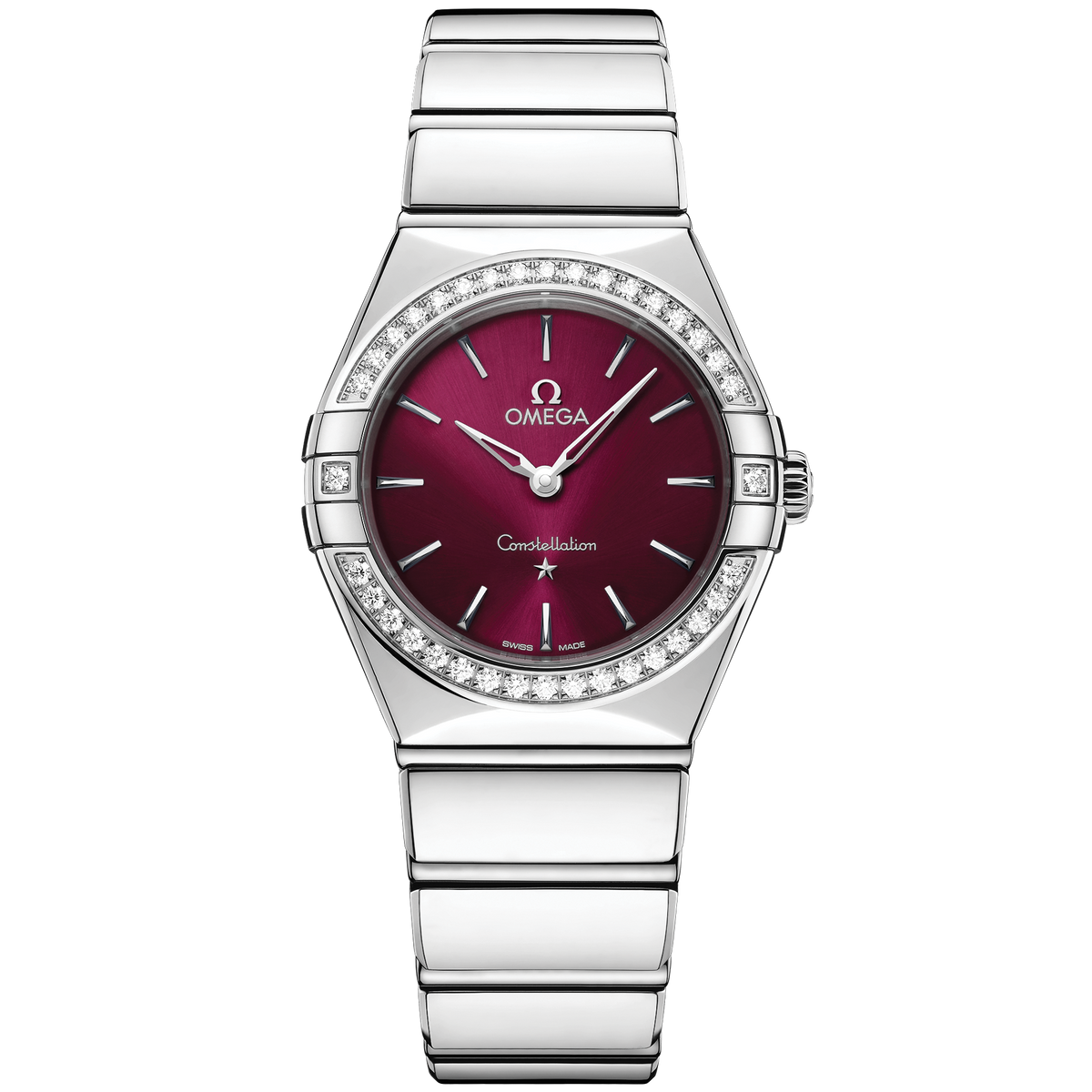 OMEGA Constellation Quartz 131.15.28.60.11.001, 28 mm steel with burgundy dial – front view