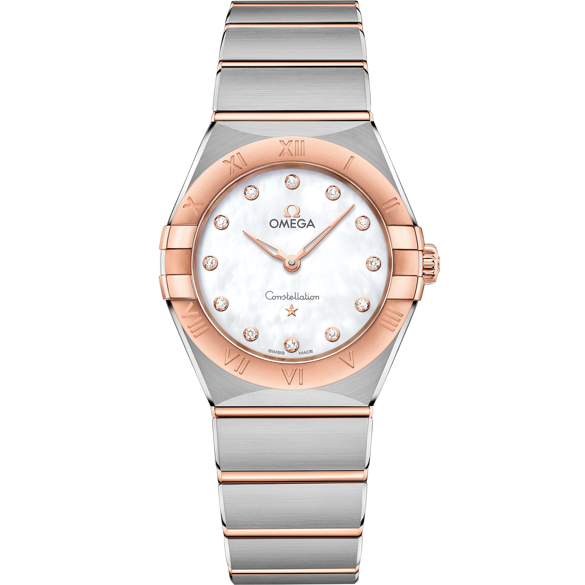 Omega Constellation Quartz 131.20.28.60.55.001 28 mm Steel & Sedna™ Gold Mother-of-Pearl Dial Diamond Watch for Women
