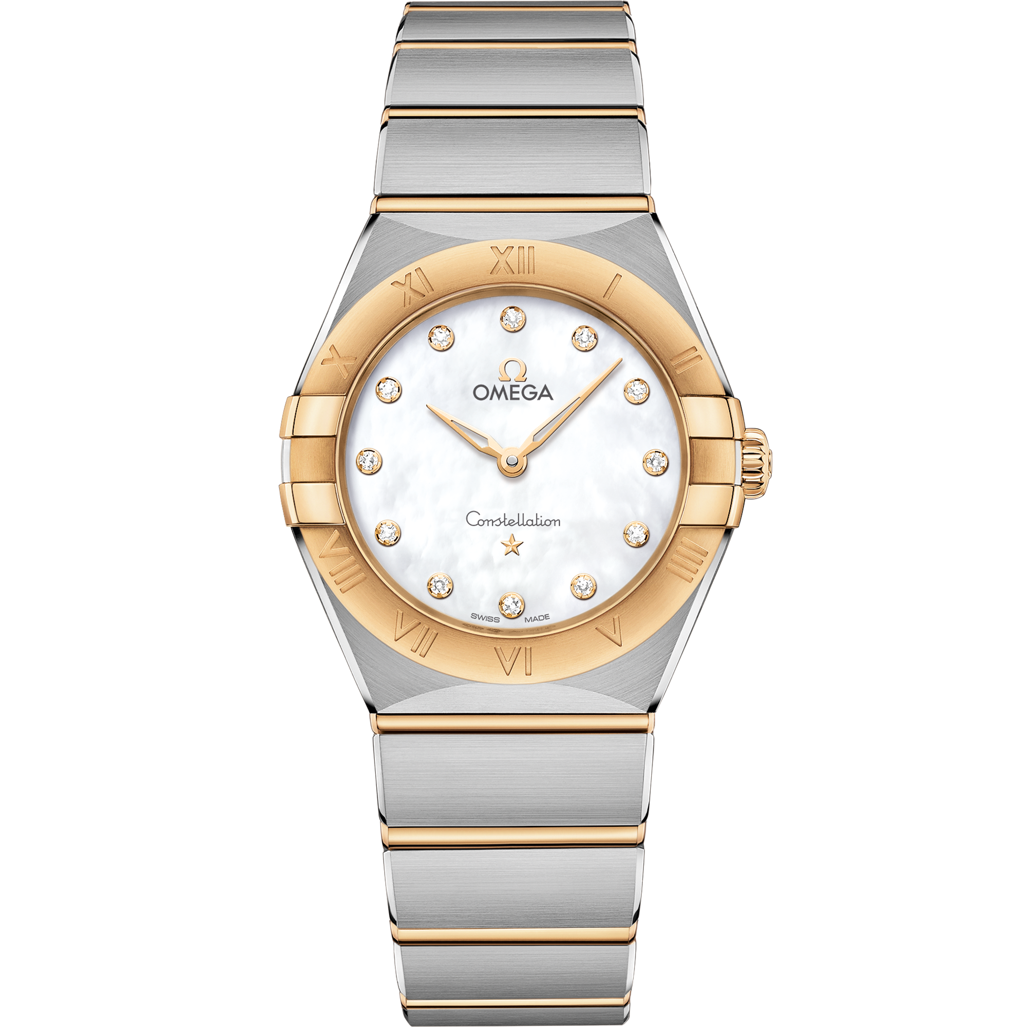 Omega Constellation Quartz 131.20.28.60.55.002 28 mm Steel & Yellow Gold Mother-of-Pearl Dial Diamond Watch for Women