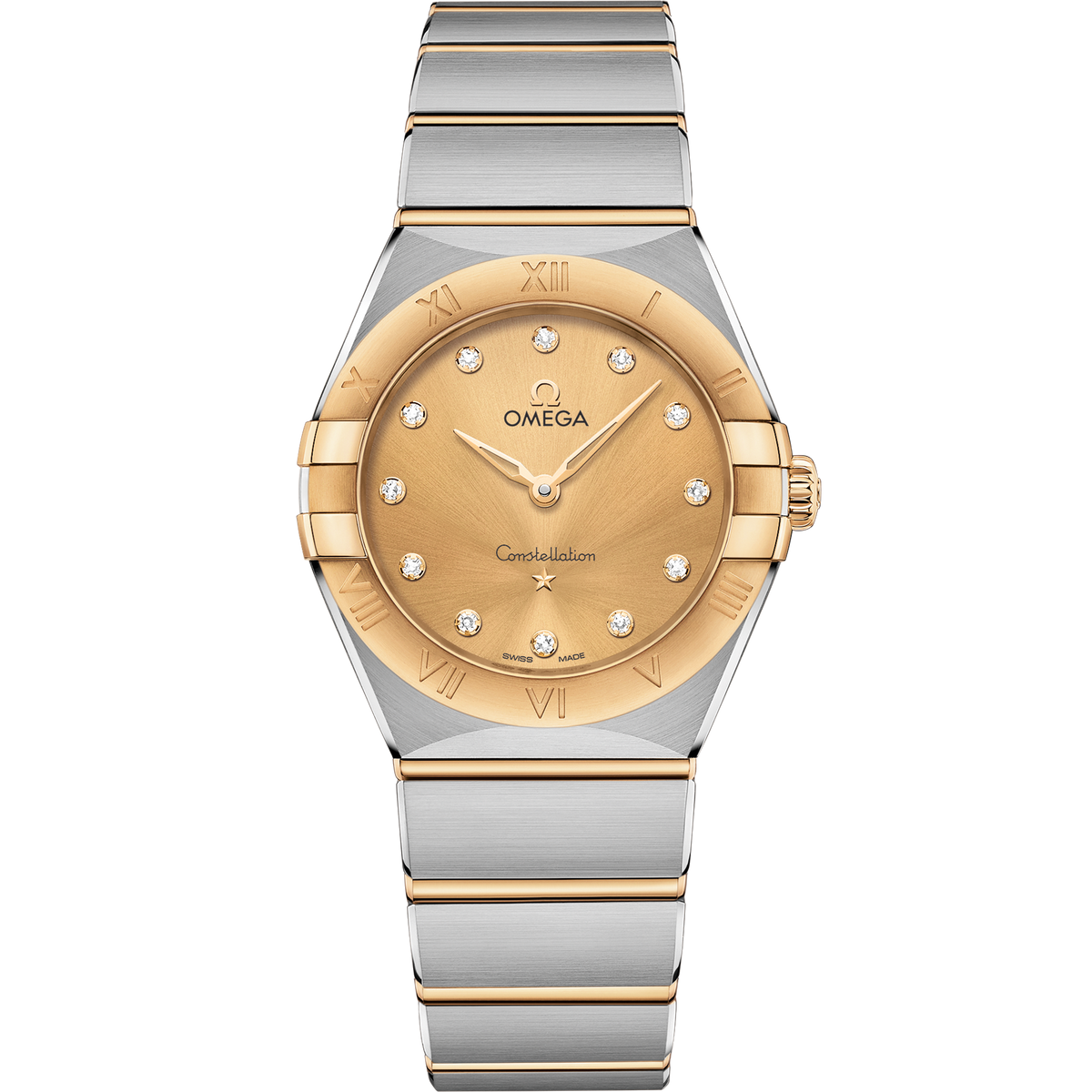 OMEGA Constellation Quartz 131.20.28.60.58.001, 28 mm steel & yellow gold with yellow dial – front view