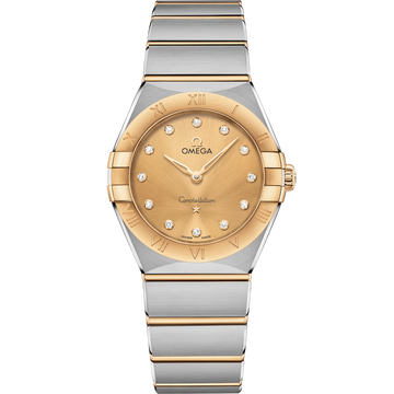 OMEGA Constellation Quartz 131.20.28.60.58.001, 28 mm steel & yellow gold with yellow dial – front view
