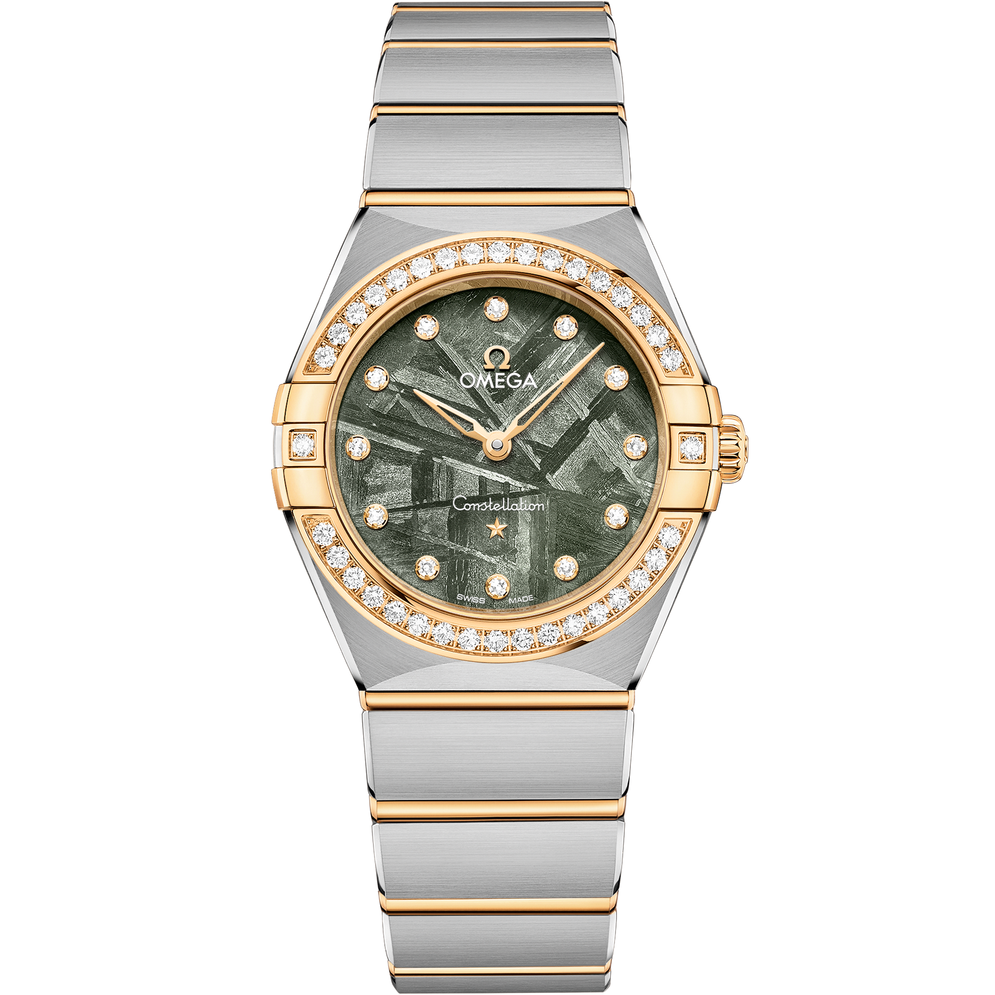 Omega Constellation Quartz Meteorite 131.25.28.60.99.002 28 mm Steel & Yellow Gold Green Dial Diamond Watch for Women