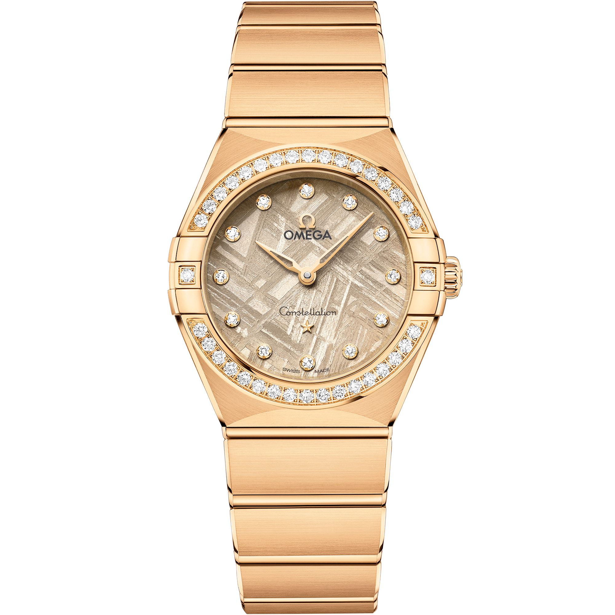Omega Constellation Quartz Meteorite 131.55.28.60.99.006 28 mm Yellow Gold Linen Dial Diamond Watch for Women