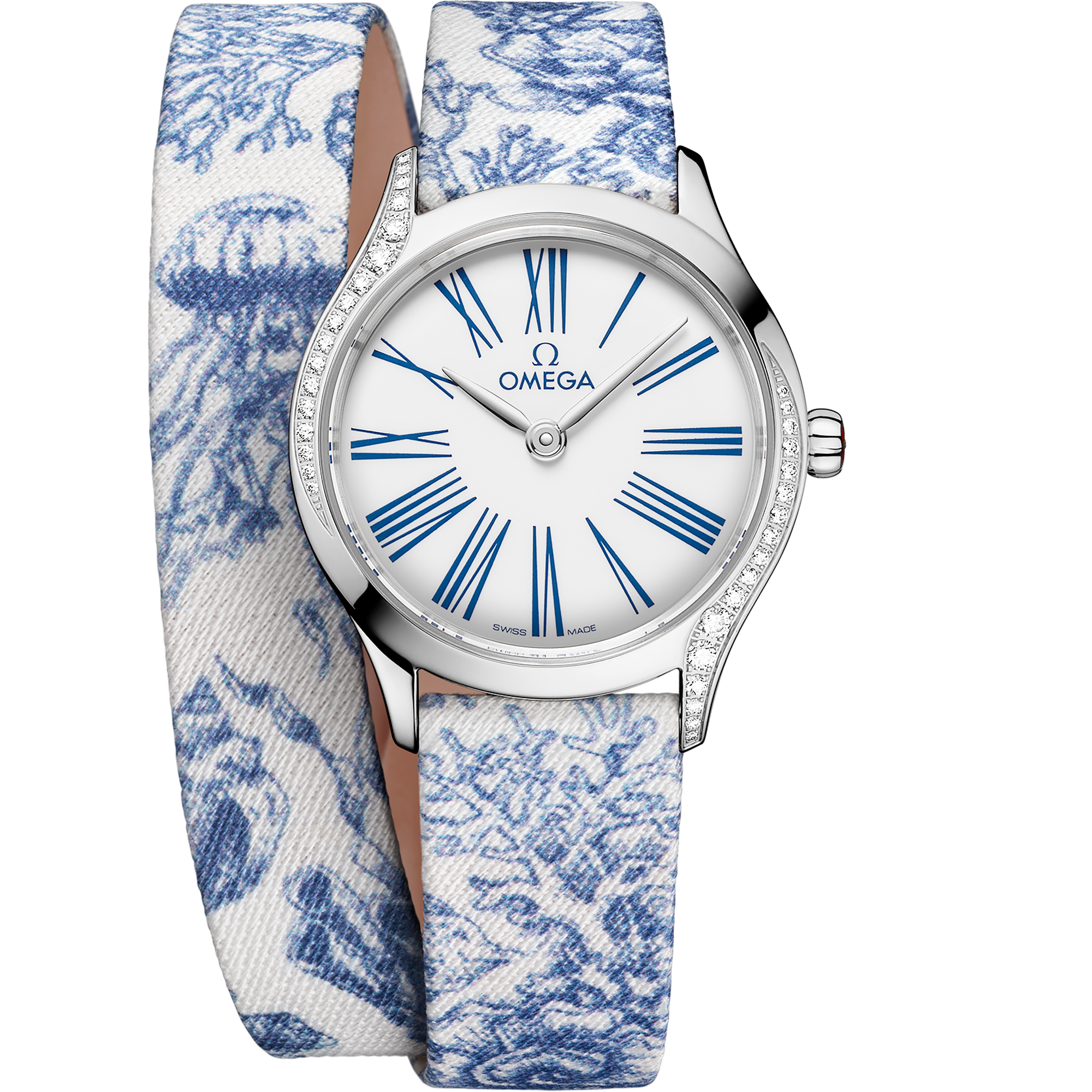 Omega De Ville Mini Trésor 428.17.26.60.04.001 26 mm Steel White Dial Fabric Strap Diamond Watch for Women