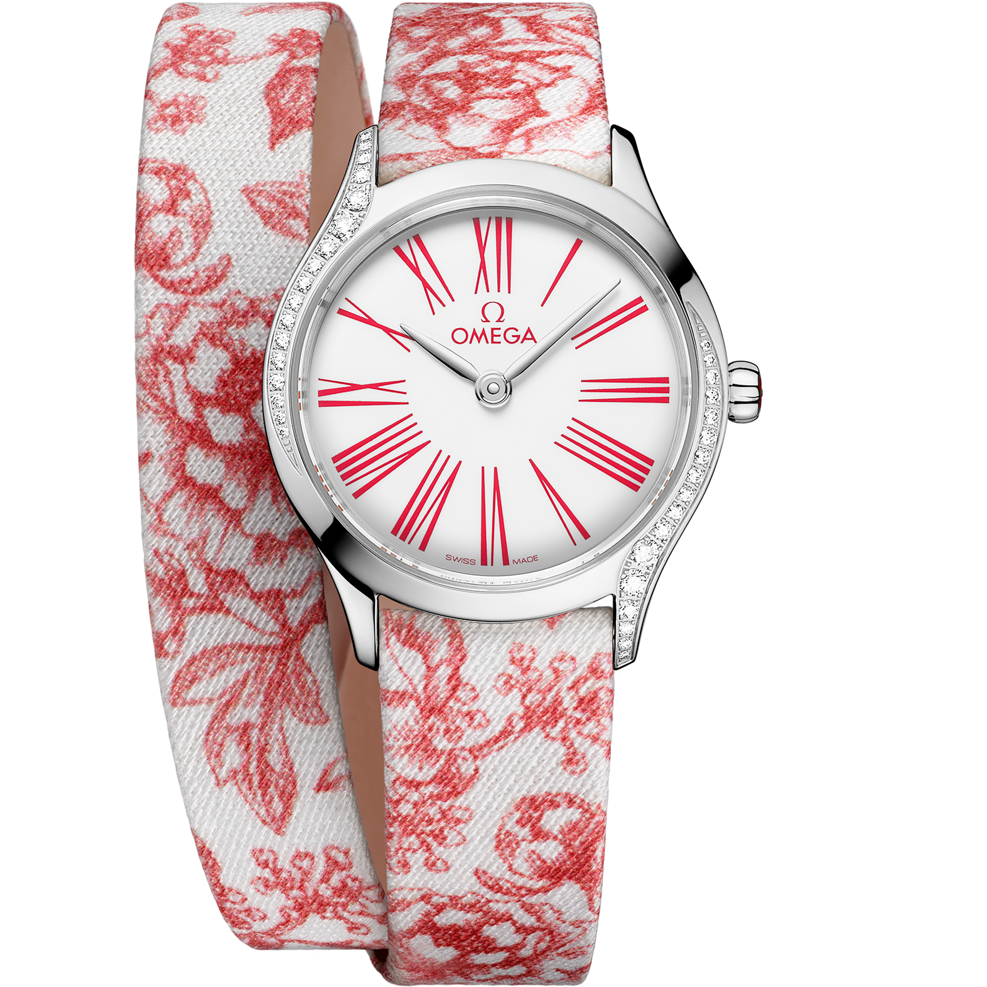 Omega De Ville Mini Trésor 428.17.26.60.04.003 26 mm Steel White Dial Fabric Strap Diamond Watch for Women