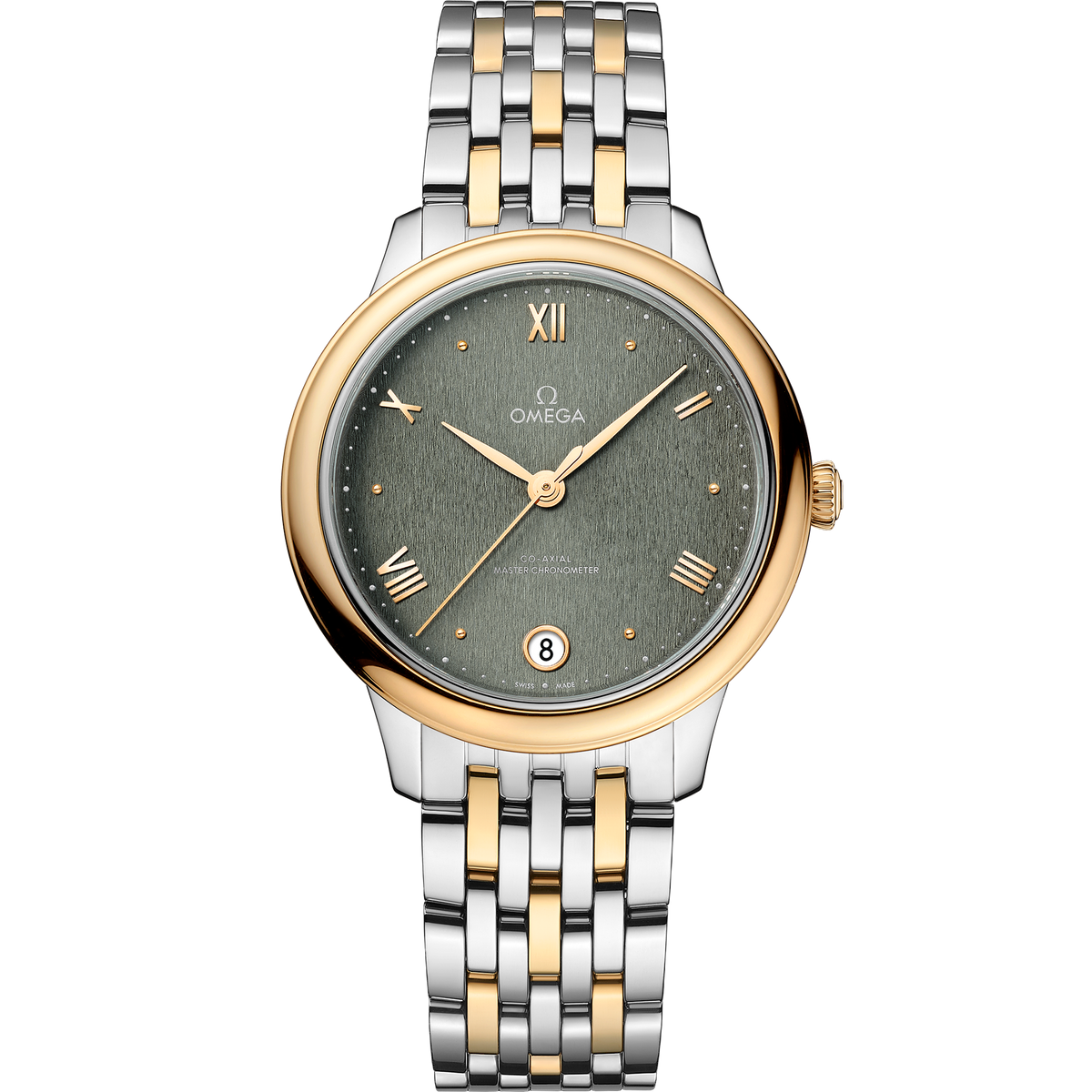 OMEGA De Ville Prestige 434.20.34.20.10.001, 34 mm steel & yellow gold with green dial – front view