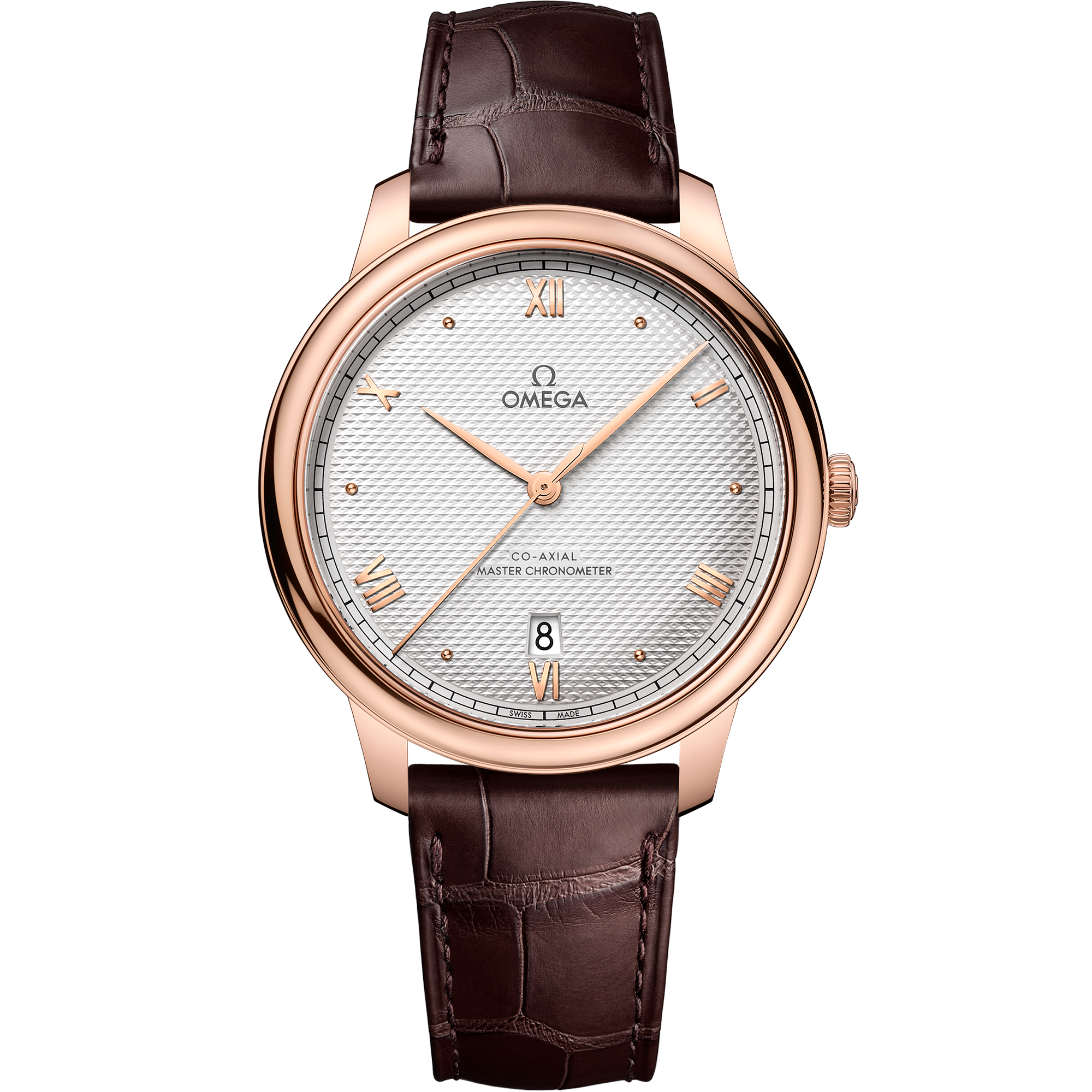 Omega De Ville Prestige 434.53.40.20.02.001 40 mm Sedna™ Gold Silver Dial Brown Alligator Strap Watch