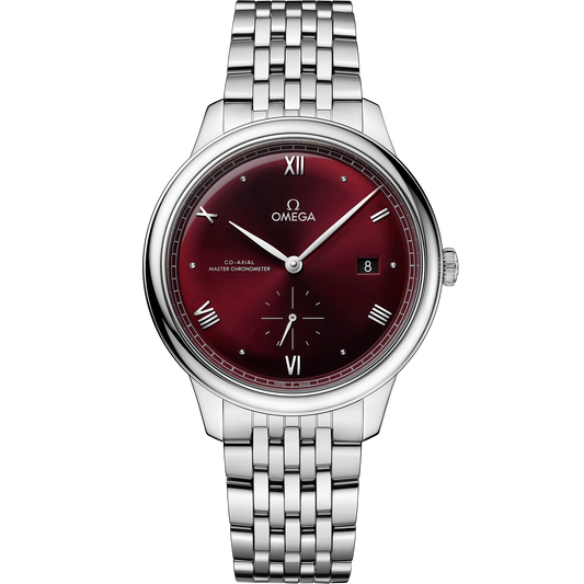OMEGA De Ville Prestige Small Seconds 434.10.41.20.11.001, 41 mm steel with red dial – front view