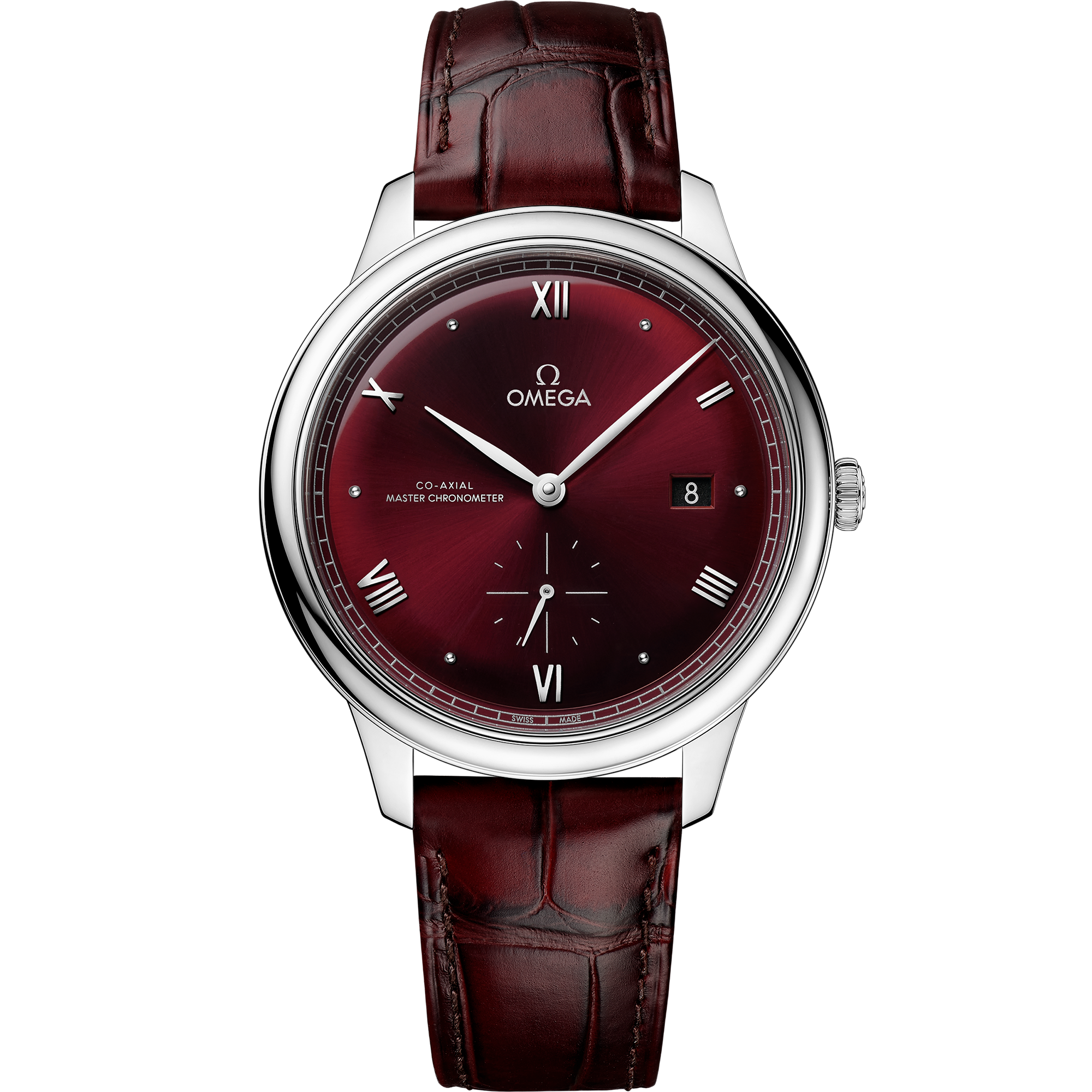Omega De Ville Prestige Small Seconds 434.13.41.20.11.001 41 mm Steel Red Dial Burgundy Alligator Strap Watch for Men