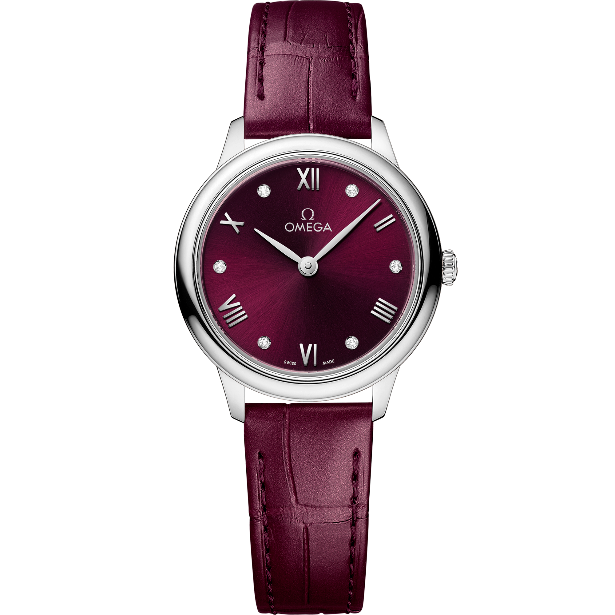 Omega De Ville Prestige Quartz 434.13.28.60.61.001 27.5 mm Steel Red Dial Burgundy Alligator Strap Diamond Watch for Women