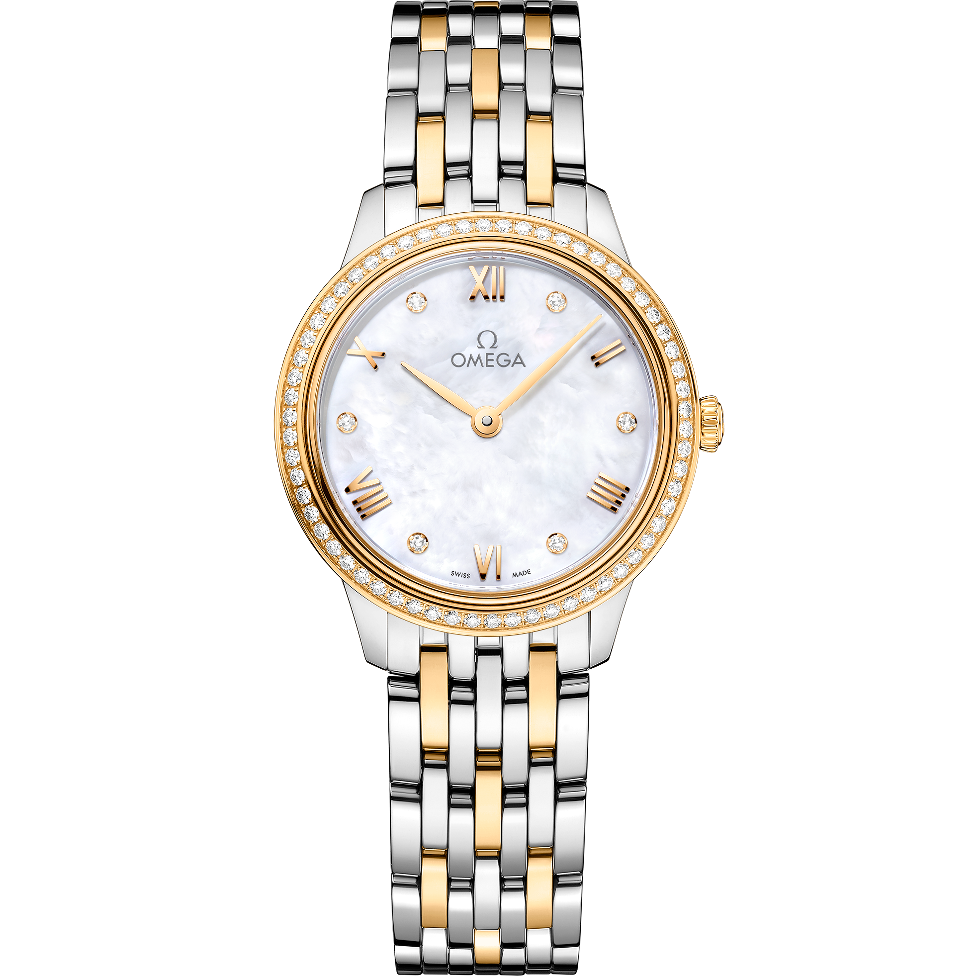Omega De Ville Prestige Quartz 434.25.28.60.55.001 27.5 mm Steel & Yellow Gold Mother-of-Pearl Dial Diamond Watch for Women