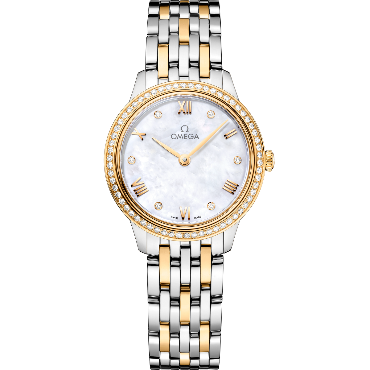 OMEGA De Ville Prestige Quartz 434.25.28.60.55.001, 27.5 mm steel & yellow gold with mother-of-pearl dial – front view