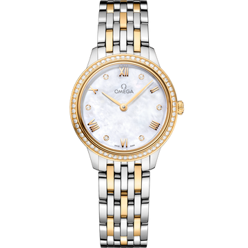 OMEGA De Ville Prestige Quartz 434.25.28.60.55.001, 27.5 mm steel & yellow gold with mother-of-pearl dial – front view