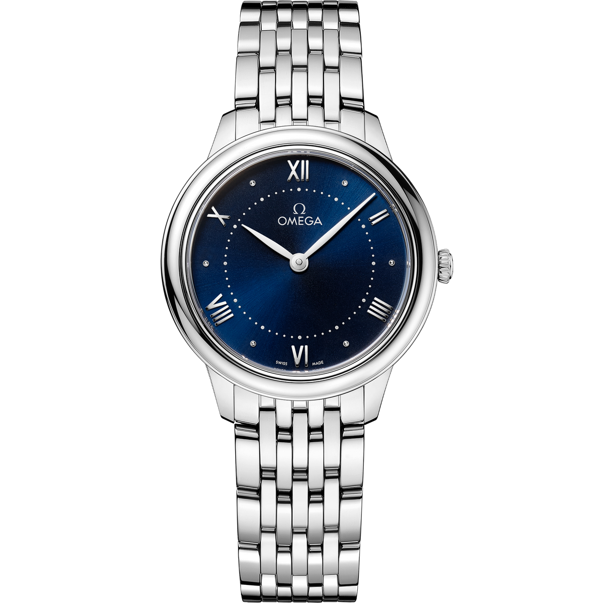 OMEGA De Ville Prestige Quartz 434.10.30.60.03.001, 30 mm steel with blue dial – front view