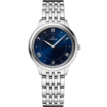 OMEGA De Ville Prestige Quartz 434.10.30.60.03.001, 30 mm steel with blue dial – front view
