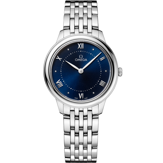 OMEGA De Ville Prestige Quartz 434.10.30.60.03.001, 30 mm steel with blue dial – front view