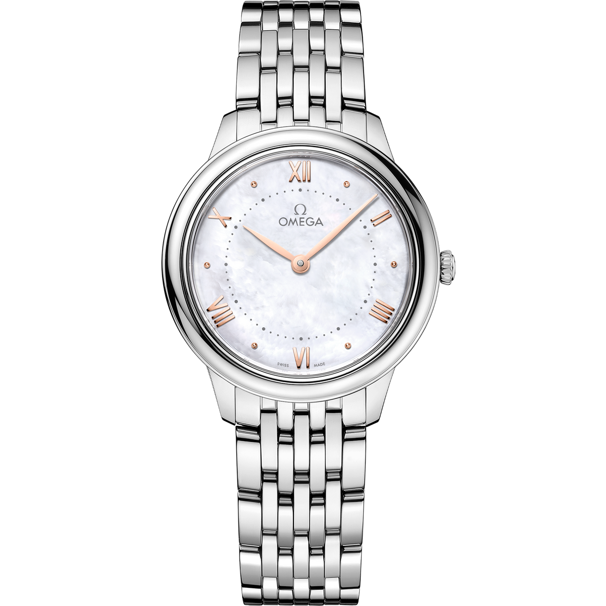 OMEGA De Ville Prestige Quartz 434.10.30.60.05.001, 30 mm steel with mother-of-pearl dial – front view