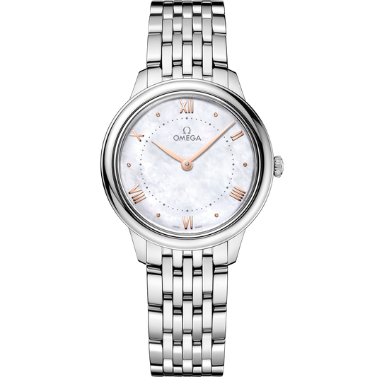 OMEGA De Ville Prestige Quartz 434.10.30.60.05.001, 30 mm steel with mother-of-pearl dial – front view