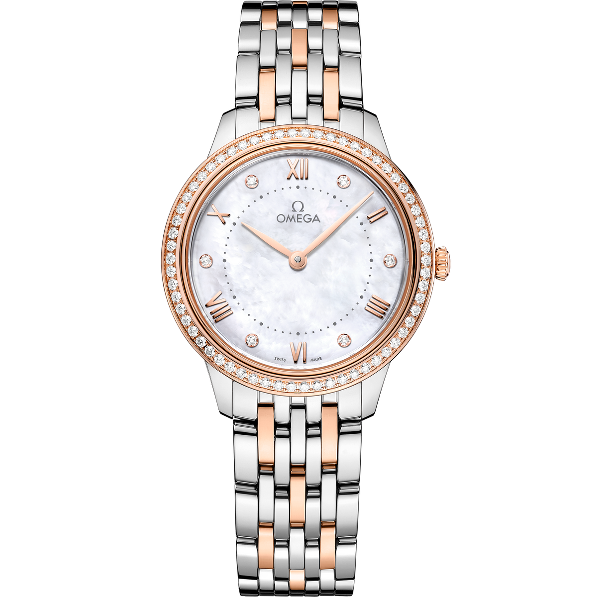 OMEGA De Ville Prestige Quartz 434.25.30.60.55.001, 30 mm steel & sedna™ gold with mother-of-pearl dial – front view