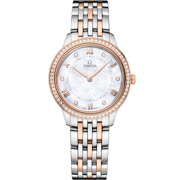 OMEGA De Ville Prestige Quartz 434.25.30.60.55.001, 30 mm steel & sedna™ gold with mother-of-pearl dial – front view