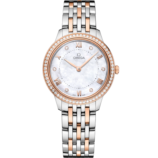 OMEGA De Ville Prestige Quartz 434.25.30.60.55.001, 30 mm steel & sedna™ gold with mother-of-pearl dial – front view