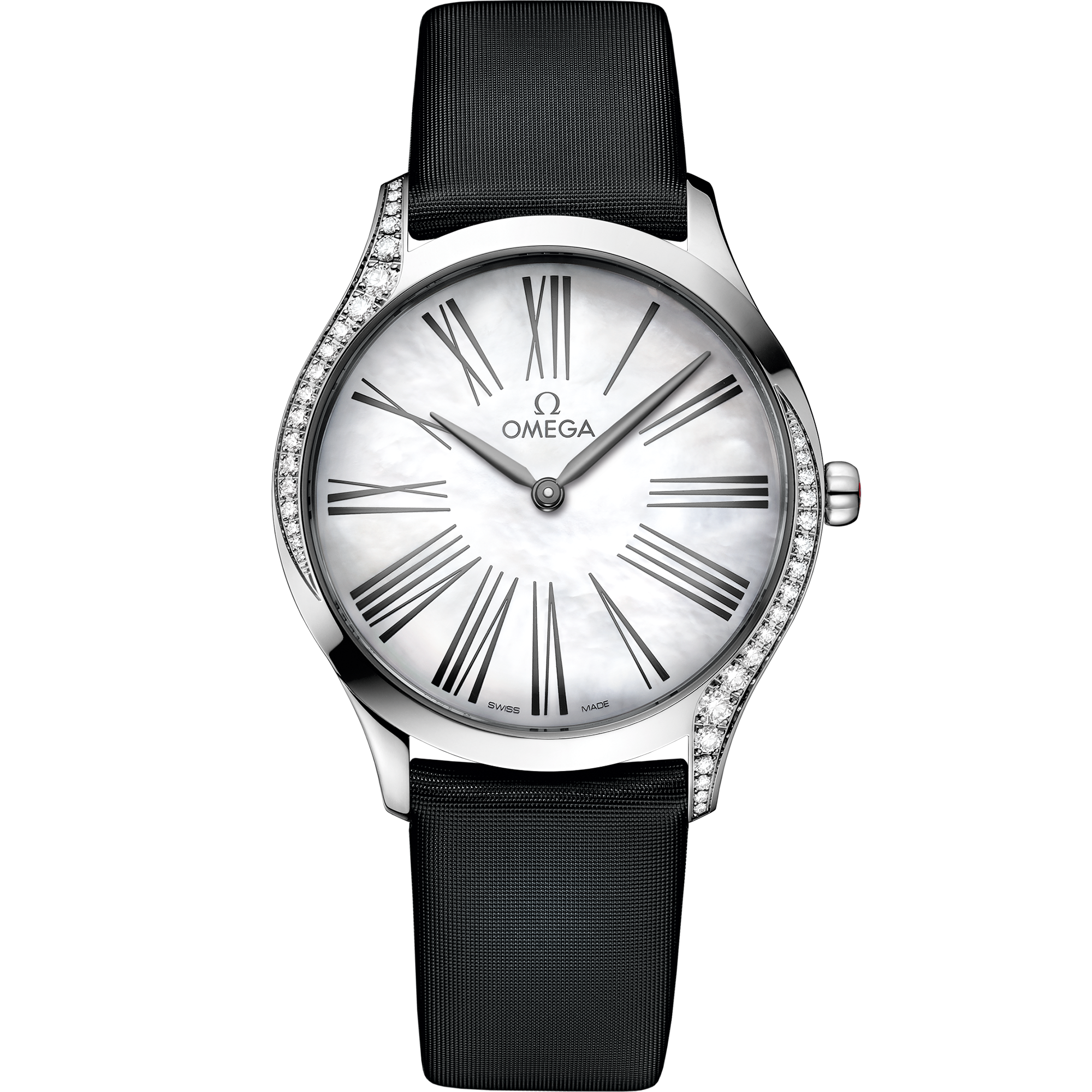 Omega De Ville Trésor 428.17.36.60.05.001 36 mm Steel Mother-of-Pearl Dial Black Fabric Strap Diamond Watch for Women
