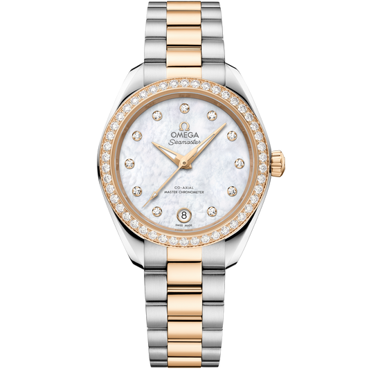 OMEGA Seamaster Aqua Terra 150M 220.25.30.20.55.001, 30 mm steel & moonshine™ gold with mother-of-pearl dial – front view