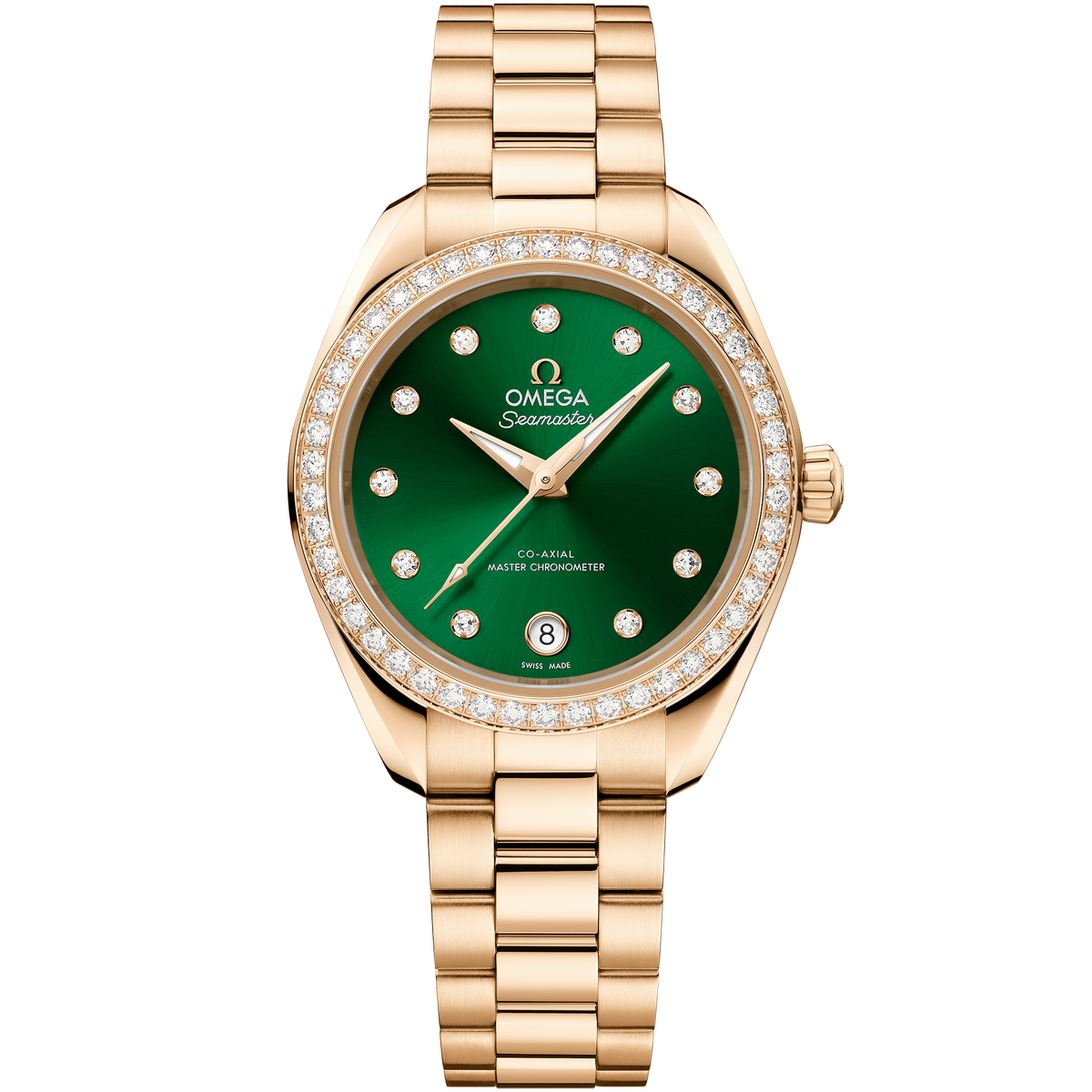 OMEGA Seamaster Aqua Terra 150M 220.55.30.20.60.001, 30 mm moonshine™ gold with green dial – front view
