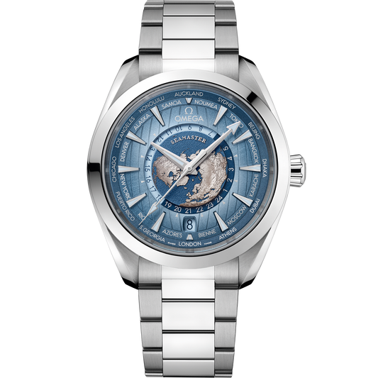 OMEGA Seamaster Aqua Terra Worldtimer Summer Blue 220.10.43.22.03.002, 43 mm steel with blue dial – front view