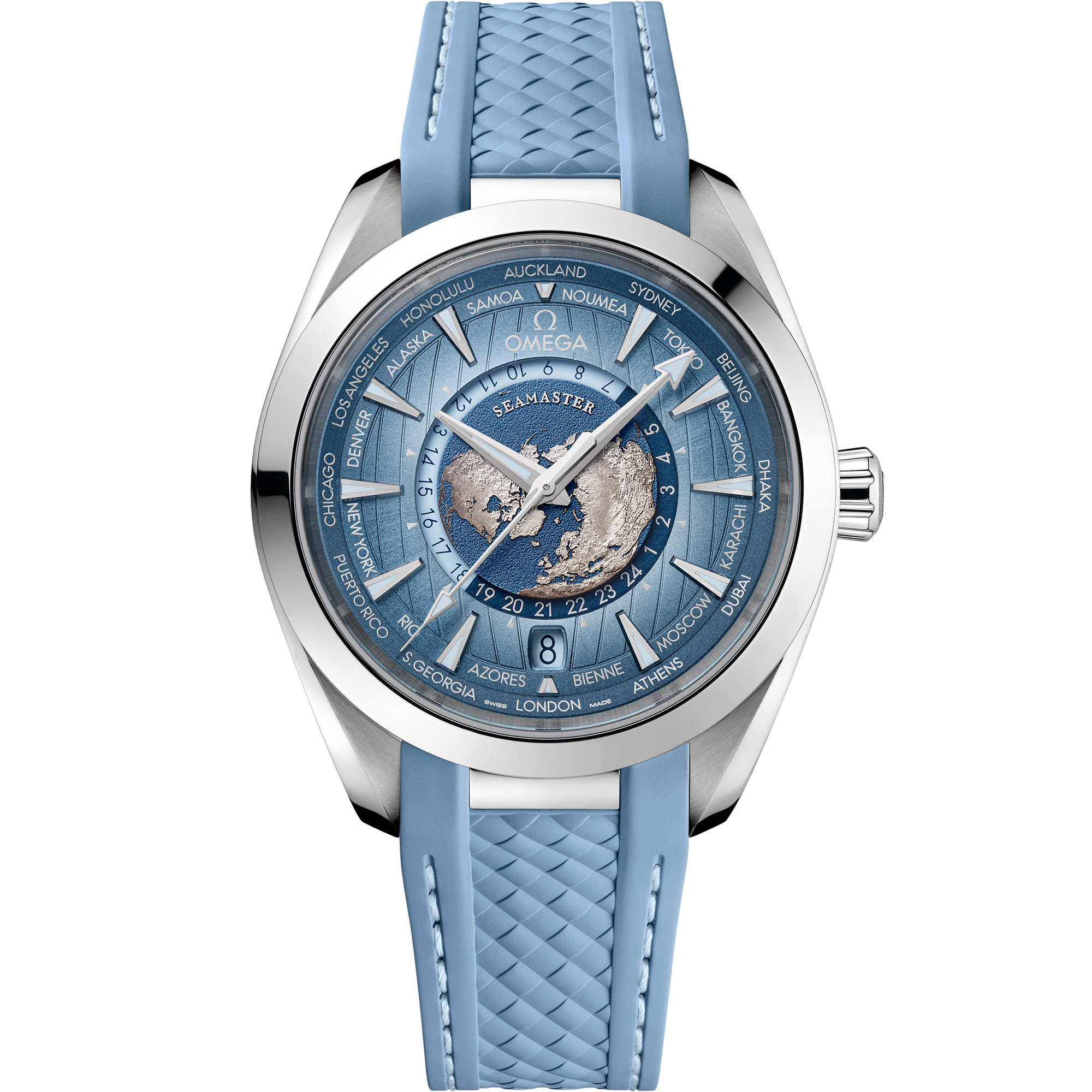 Omega Seamaster Aqua Terra Worldtimer Summer Blue 220.12.43.22.03.002 43 mm Steel Blue Dial Blue Rubber Strap Watch for Men