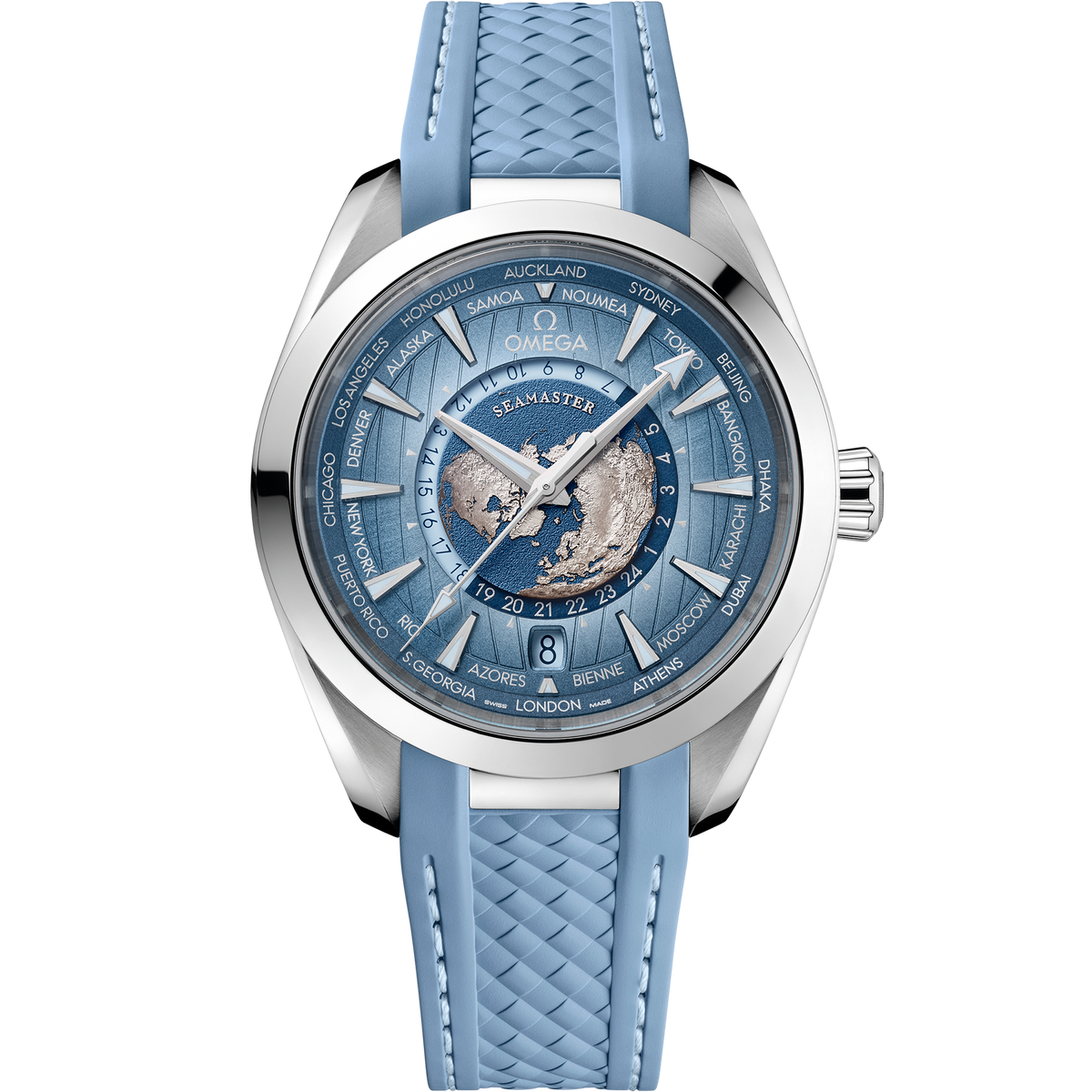 OMEGA Seamaster Aqua Terra Worldtimer Summer Blue 220.12.43.22.03.002, 43 mm steel with blue dial – front view