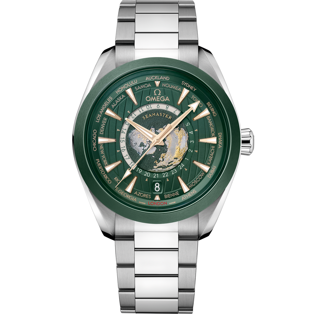OMEGA Seamaster Aqua Terra Worldtimer 220.30.43.22.10.001, 43 mm steel with green dial – front view