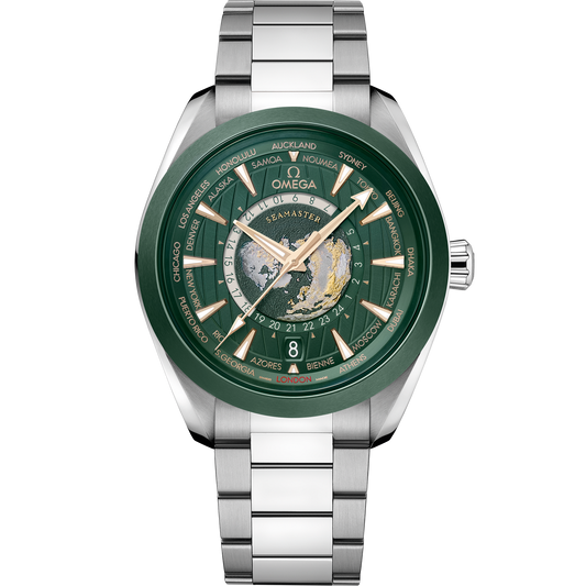 OMEGA Seamaster Aqua Terra Worldtimer 220.30.43.22.10.001, 43 mm steel with green dial – front view