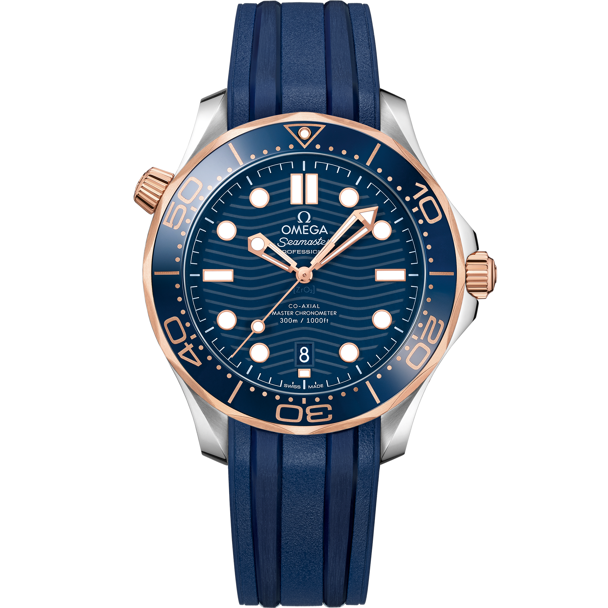Omega Seamaster Diver 300M 210.22.42.20.03.002 42 mm Steel & Sedna™ Gold Blue Dial Blue Rubber Strap Watch for Men