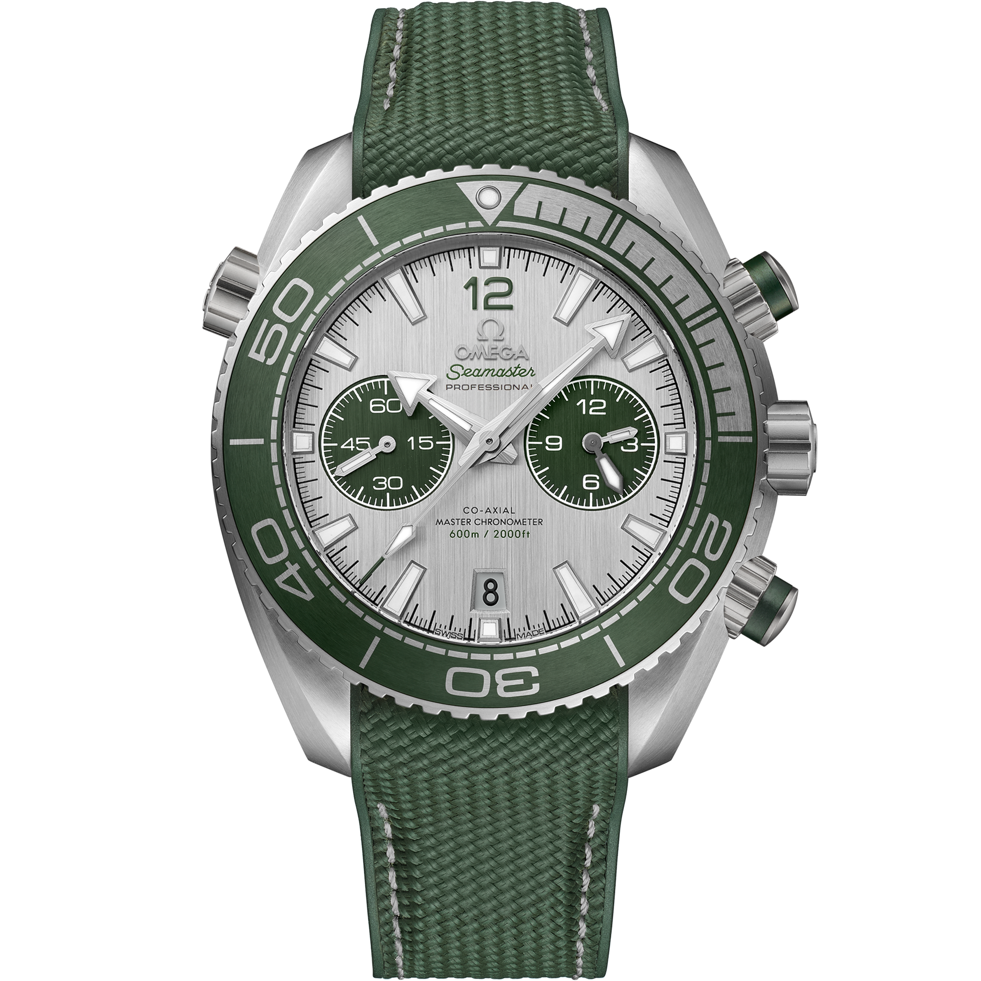Omega Seamaster Planet Ocean 600M Chronograph 215.32.46.51.06.001 45.5 mm Steel Grey Dial Green Rubber Strap Watch for Men