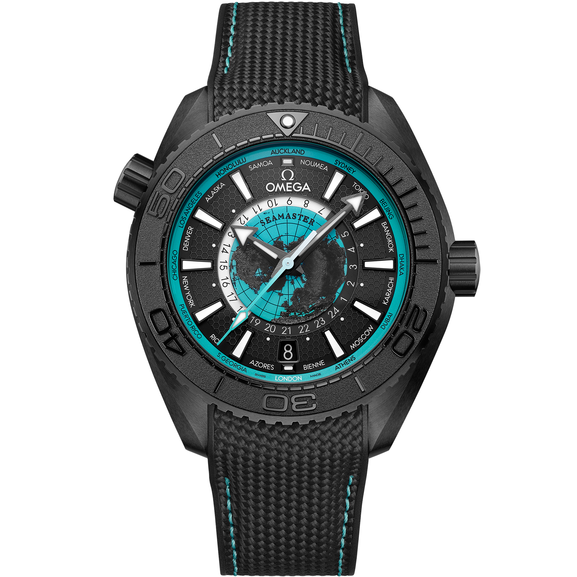 Omega Seamaster Planet Ocean Worldtimer 215.92.46.22.01.006 45.5 mm Black Ceramic Black Dial Black Rubber Strap Watch